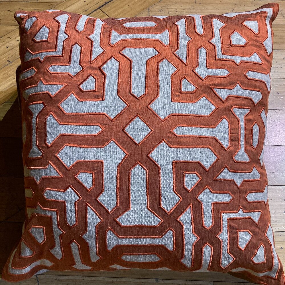 BHD Home linen silk satin pillow imperial lattice trellis rust orange gray